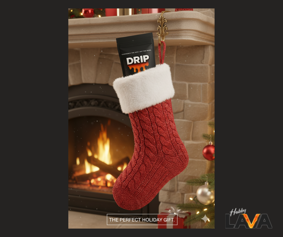 Drip Pack Pokemon Edition black pouch sealed in a red Christmas stocking. Best holiday gift and premium stocking stuffer for trading card collectors.